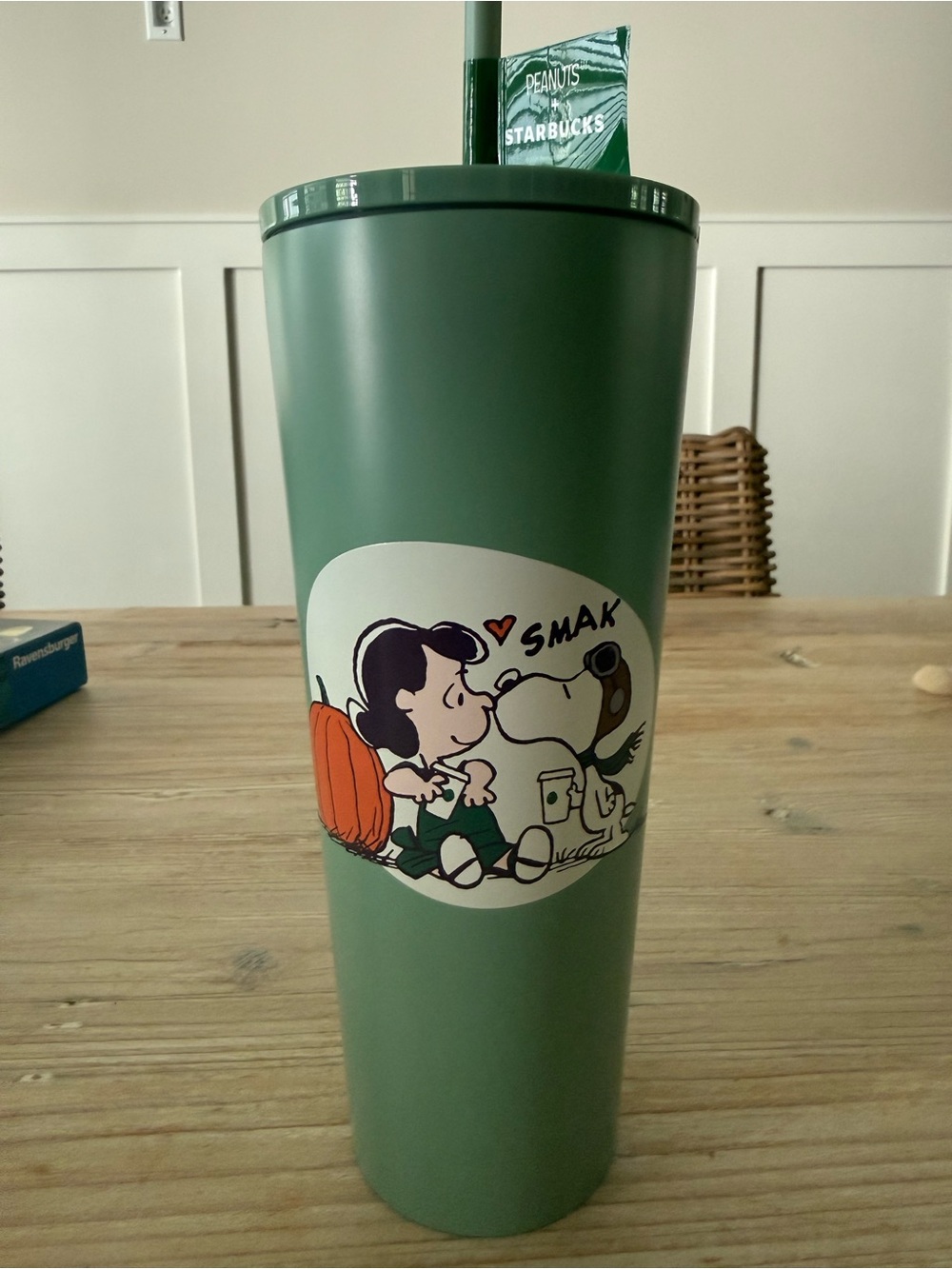Starbucks Green Peanuts Tumbler with Snoopy & Lucy Art